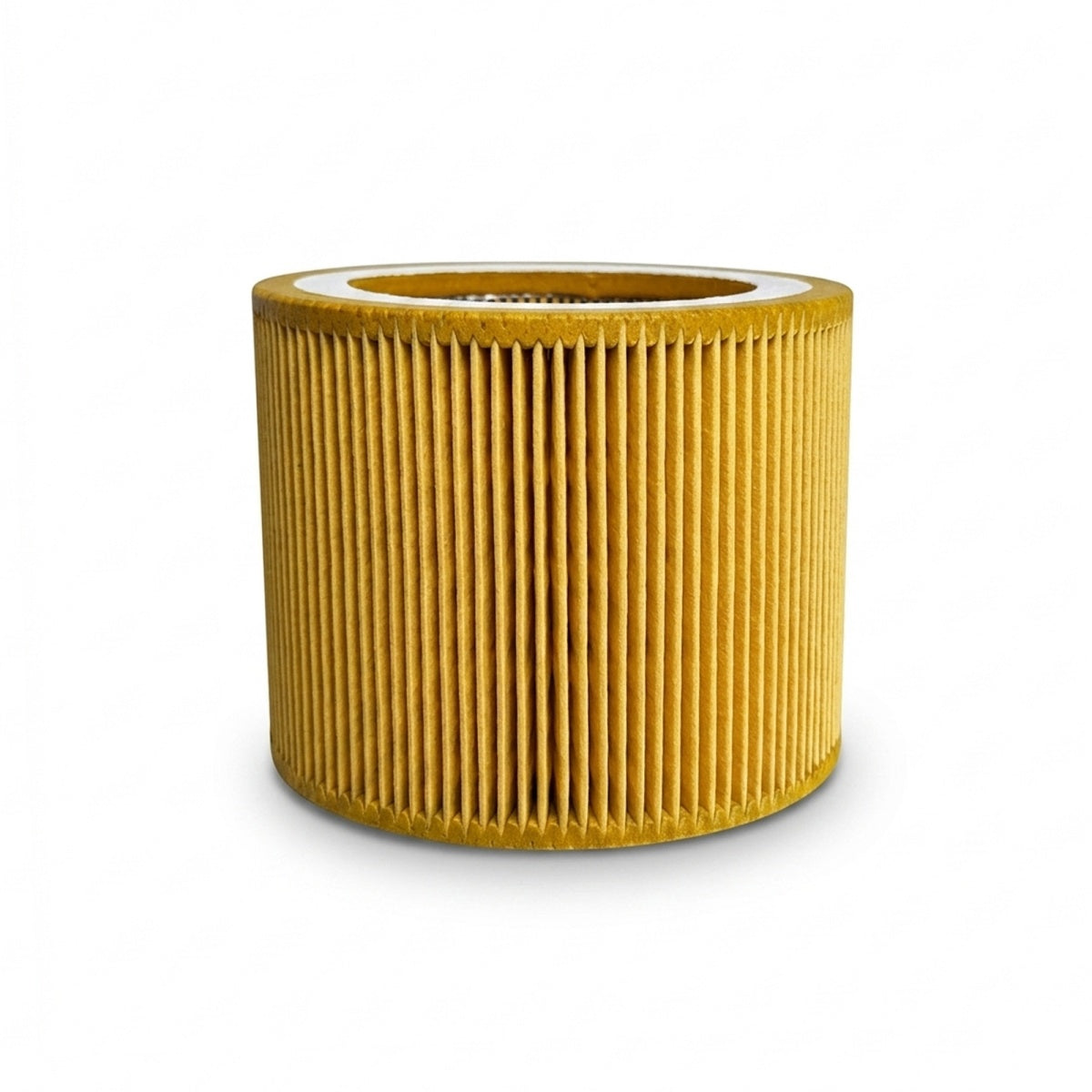 A cylindrical pleated air filter with a golden-yellow color, shown on a clean white background.