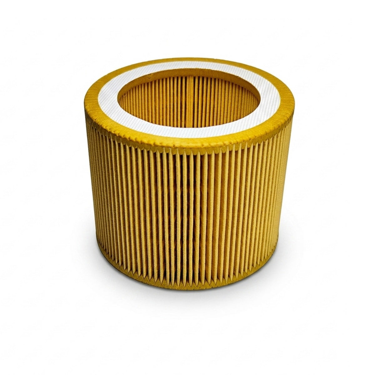 A cylindrical pleated air filter with a golden-yellow body and a white top rim, shown on a clean white background.