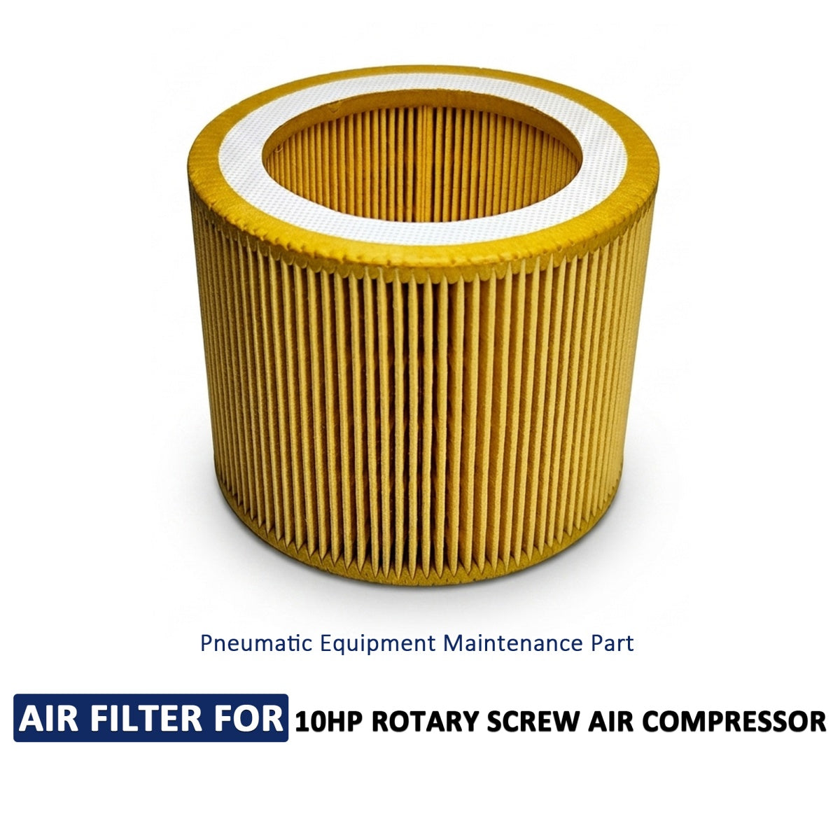 A cylindrical pleated air filter with a gold-colored outer body and white inner rim