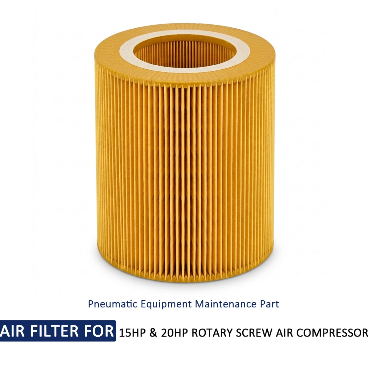 A cylindrical pleated air filter in golden yellow