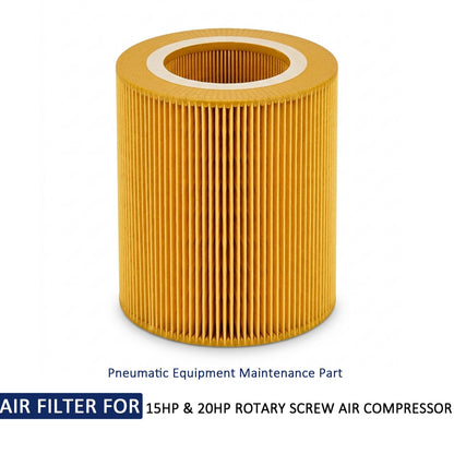 A cylindrical pleated air filter in golden yellow