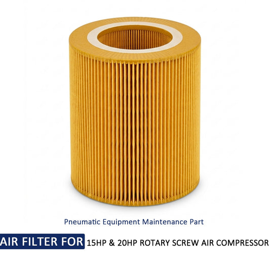 A cylindrical pleated air filter in golden yellow