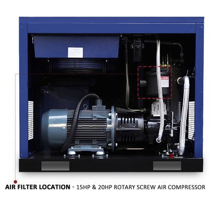 A large industrial air compressor unit shown open from the front, with internal components visible. 
