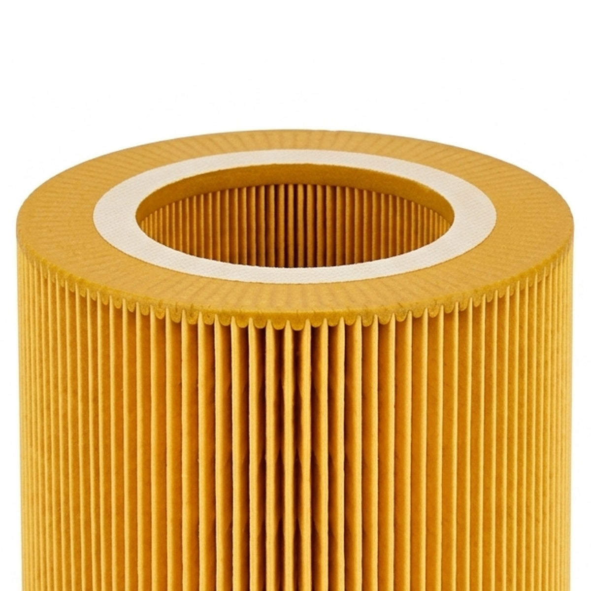 A cylindrical pleated air filter with a golden-yellow body and a white inner rim