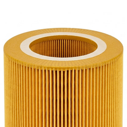 A cylindrical pleated air filter with a golden-yellow body and a white inner rim