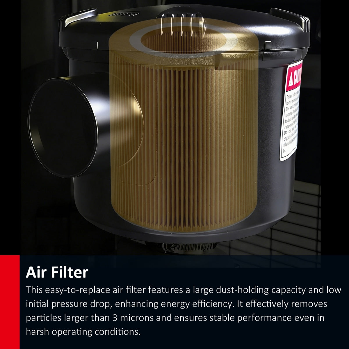 A cylindrical air filter with a pleated tan center and black outer casing