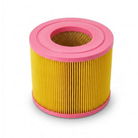 A cylindrical pleated air filter with a bright yellow body and pink plastic end caps
