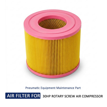 A cylindrical air filter with a yellow pleated body and pink top and bottom rims