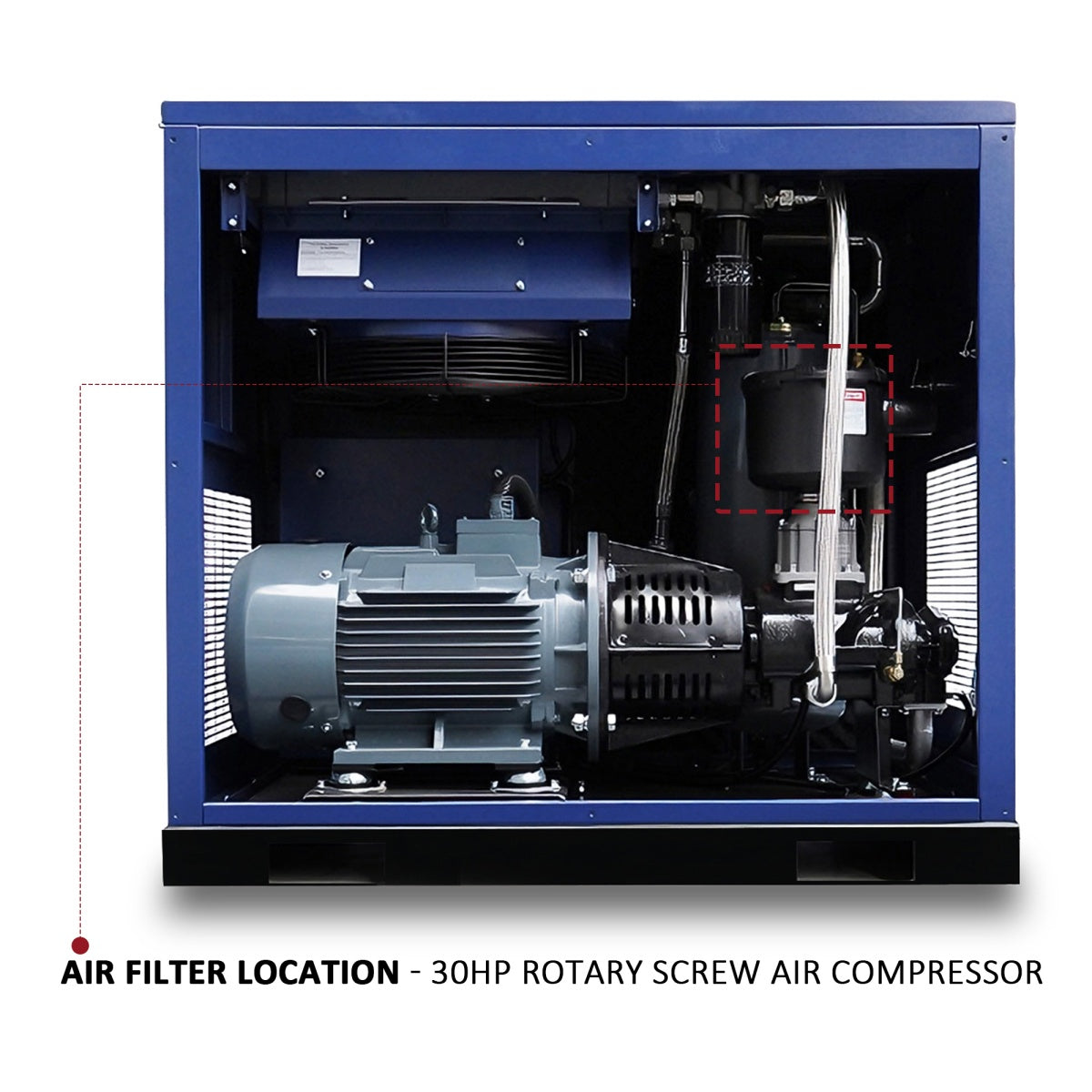 A blue industrial air compressor unit with a large gray motor and internal components visible