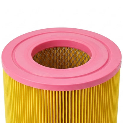 A cylindrical air filter with pleated yellow paper media and a bright pink plastic top and rim.