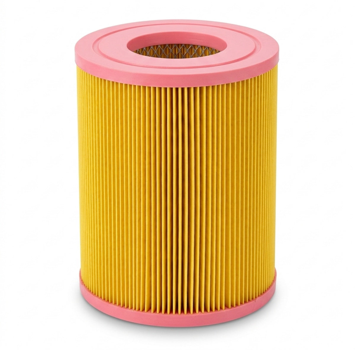 A pleated cylindrical air filter with a bright yellow body and pink plastic end caps