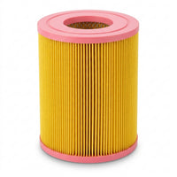 A pleated cylindrical air filter with a bright yellow body and pink plastic end caps