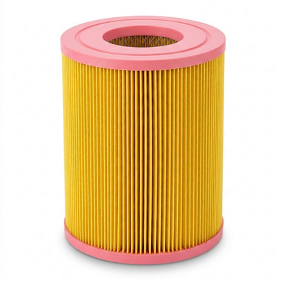 A pleated cylindrical air filter with a bright yellow body and pink plastic end caps