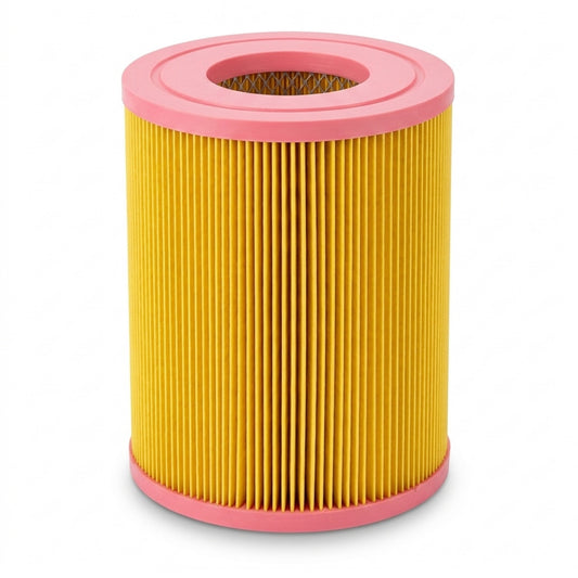 A pleated cylindrical air filter with a bright yellow body and pink plastic end caps