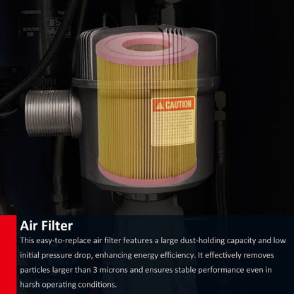 A close-up of a cylindrical air filter with a yellow pleated center, pink end rings, and a black outer housing.
