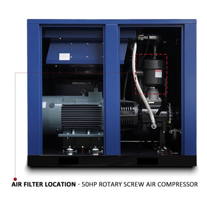 A large blue industrial air compressor cabinet