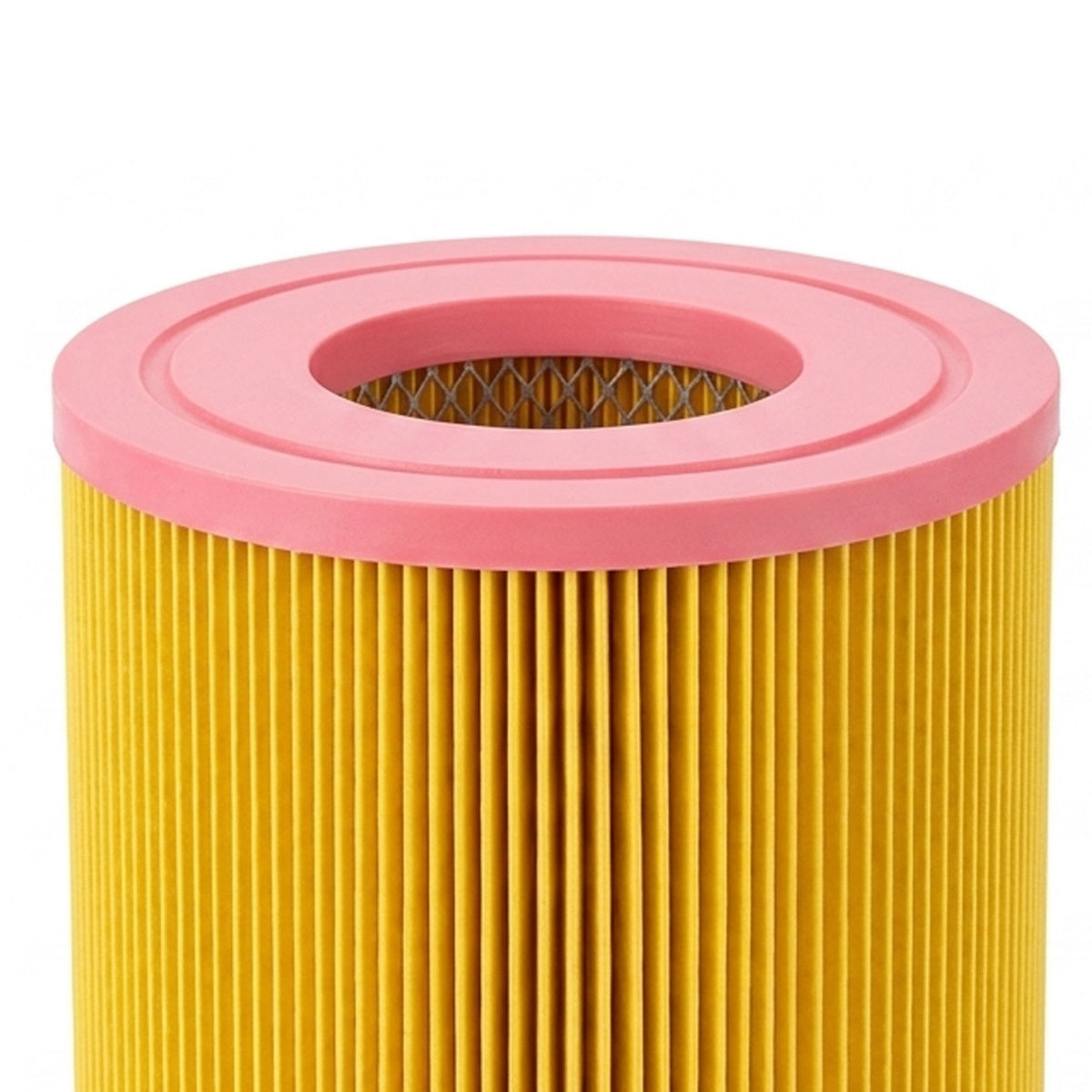 A cylindrical pleated air filter with a bright yellow body