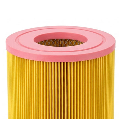 A cylindrical pleated air filter with a bright yellow body