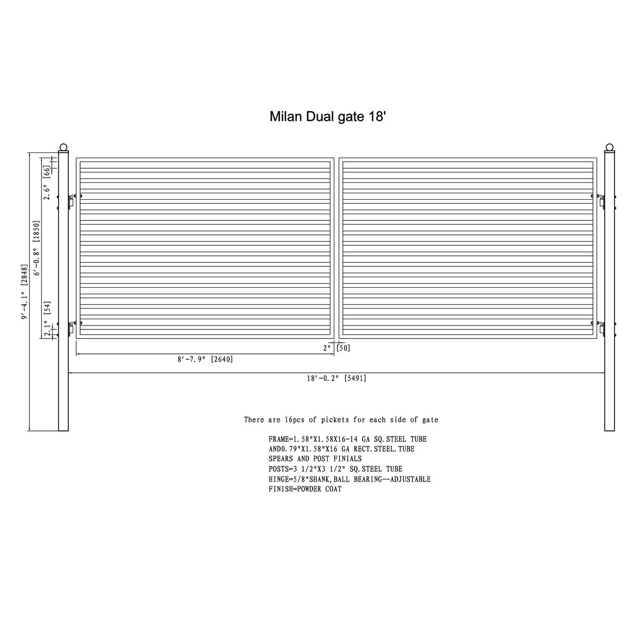 Aleko 18'x6' Steel Dual Swing Driveway Gate - MILAN Style