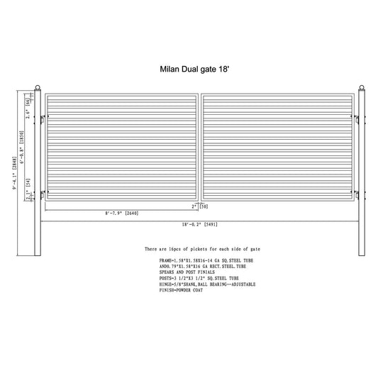 Aleko 18'x6' Steel Dual Swing Driveway Gate - MILAN Style