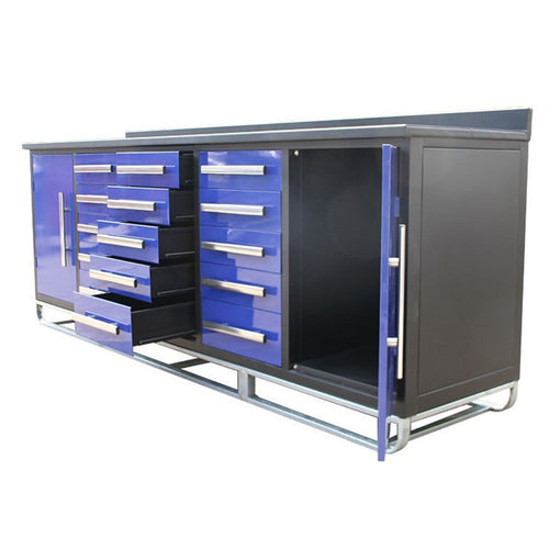 [AS-IS] 10ft Storage Cabinet with Workbench (15 Drawers), Blue