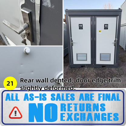 Metal storage container with dented rear wall and deformed door edge trim, warning sign about as-is sales.