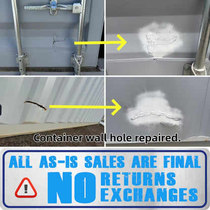 Collage of container wall repair with text indicating final sales and no returns/exchanges.