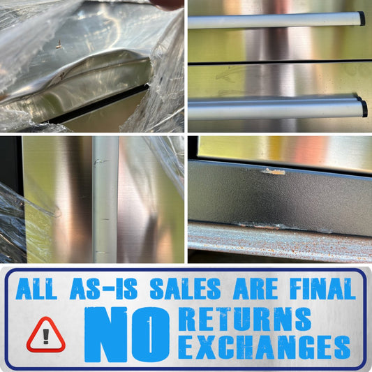 Collage of metal surface with scratches and a warning label about final sales and no returns/exchanges.#color_Silver