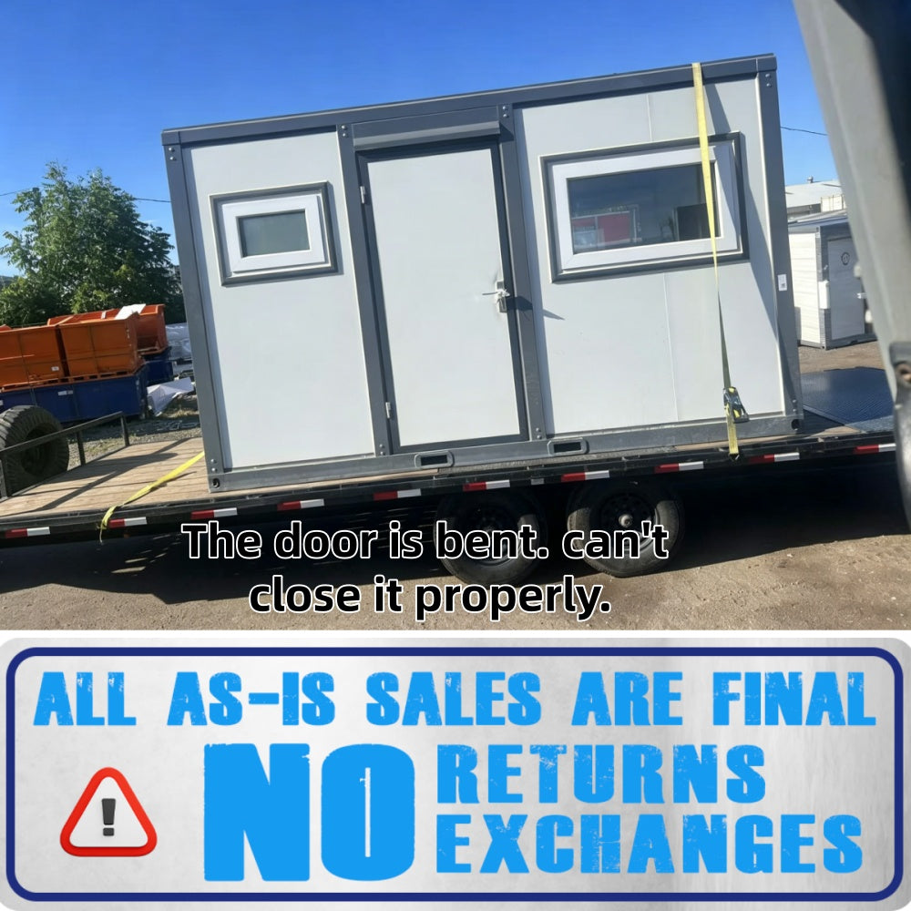 Portable office trailer on a flatbed truck with a warning sign about door issues and no returns/exchanges.