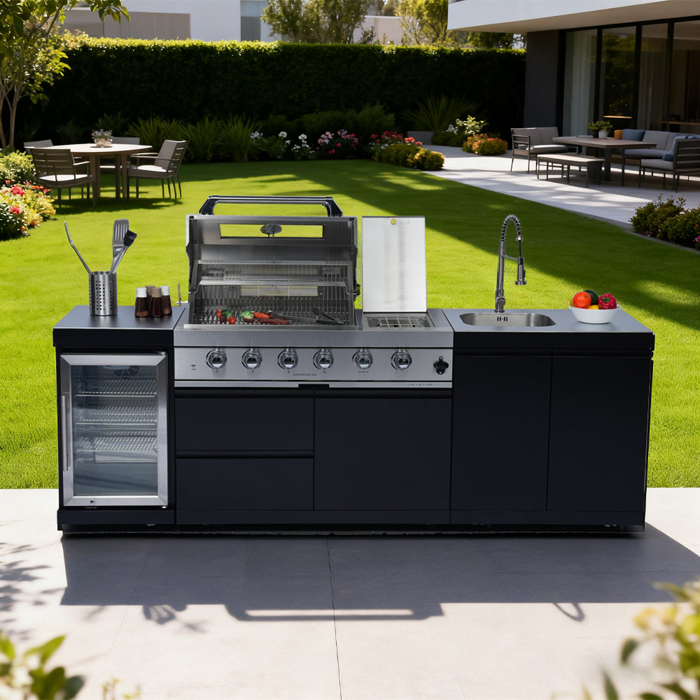 Stainless 98" 4-Burner 72,000 BTU Black Outdoor Kitchen Island Grill + Refrigerator + Rotisserie + Storage Cabinets & Drawers