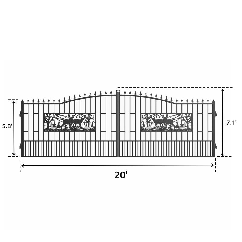 20ft Dual Swing Wrought Iron Gate-Rectangular Deer Dimension
