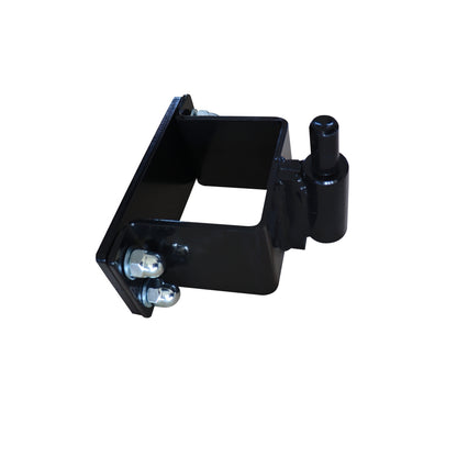 Black metal bracket with bolts on a white background