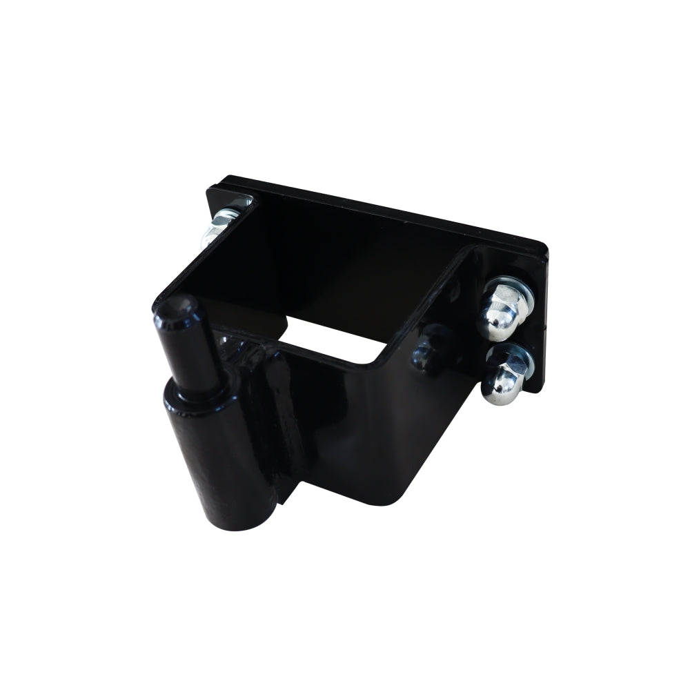 Black metal bracket with bolts on a white background
