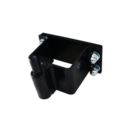 Black metal bracket with bolts on a white background