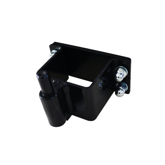 Black metal bracket with bolts on a white background