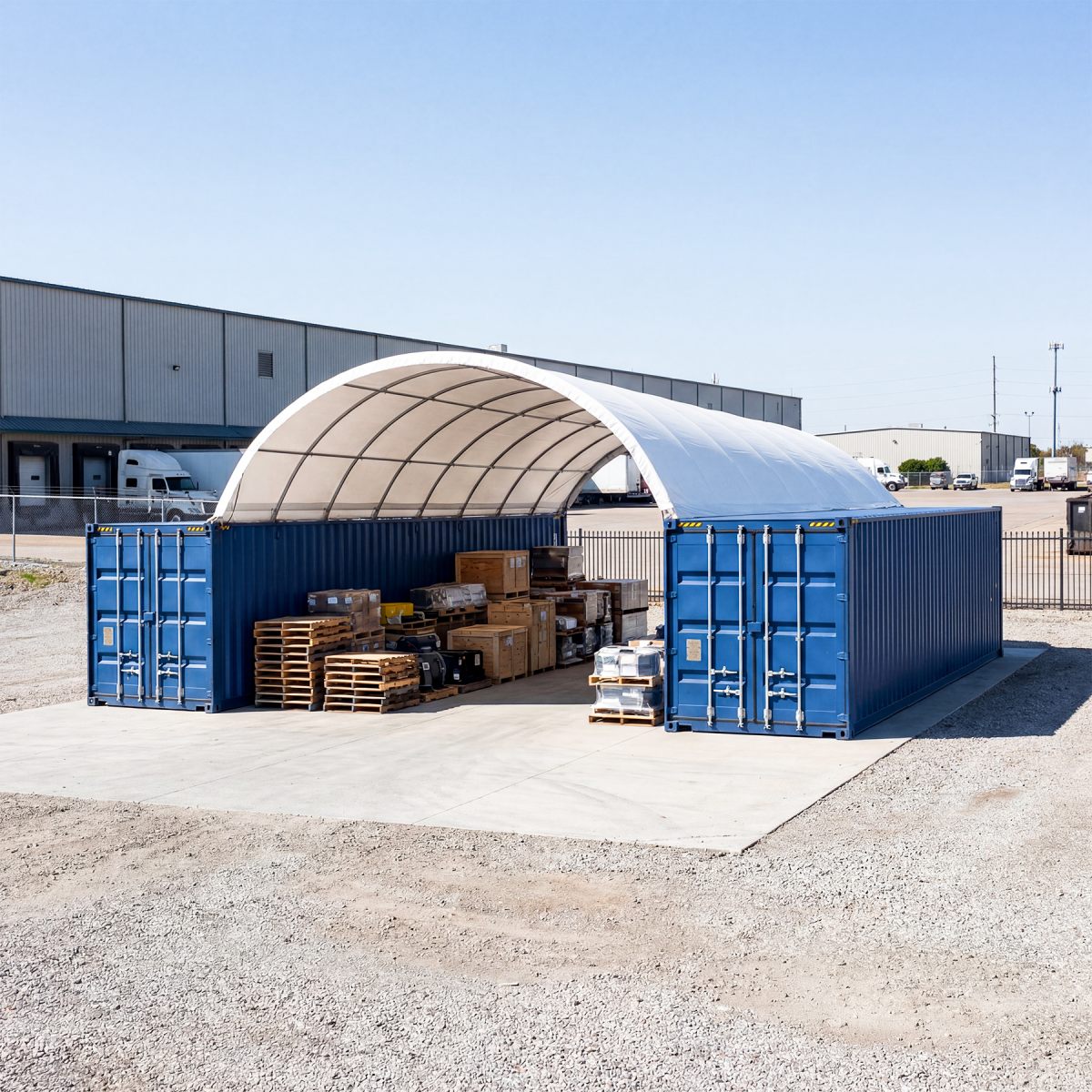 container shelter with blue containers and pallets in front of a building.