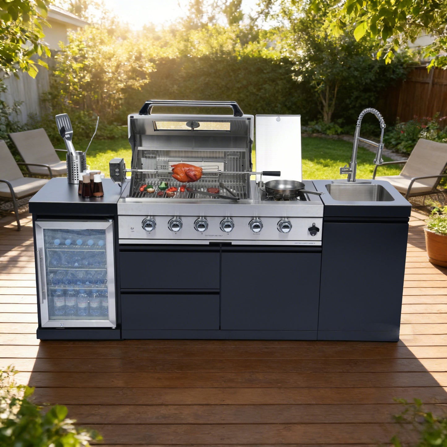 Stainless 85" 4-Burner 72000 BTU Black Outdoor Kitchen Island Grill +  Refrigerator + Rotisserie