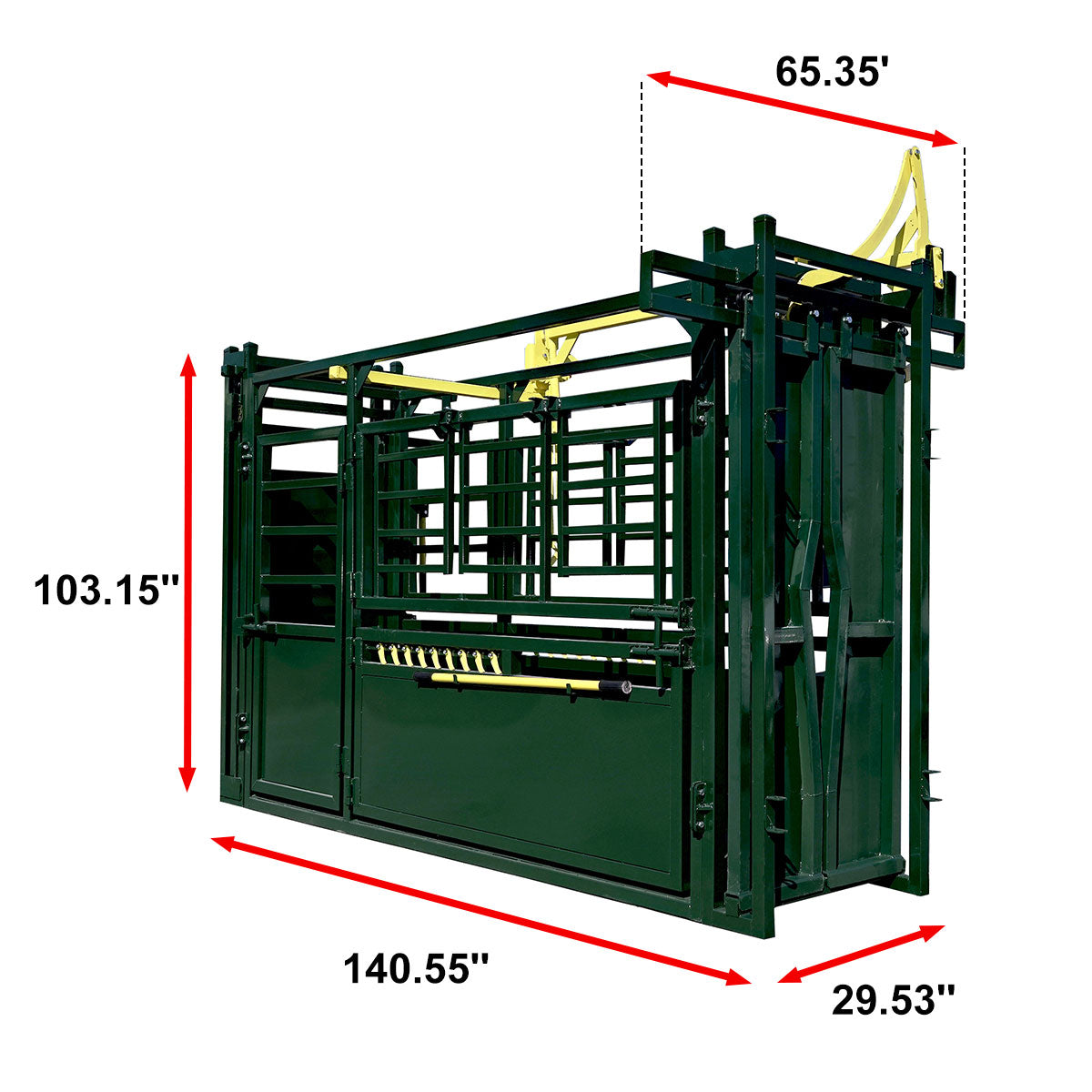 Green livestock chute with dimensions marked on a white background