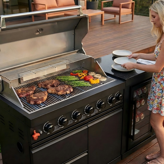 63" 6-Burner Black Outdoor Kitchen Island Grill + Fridge