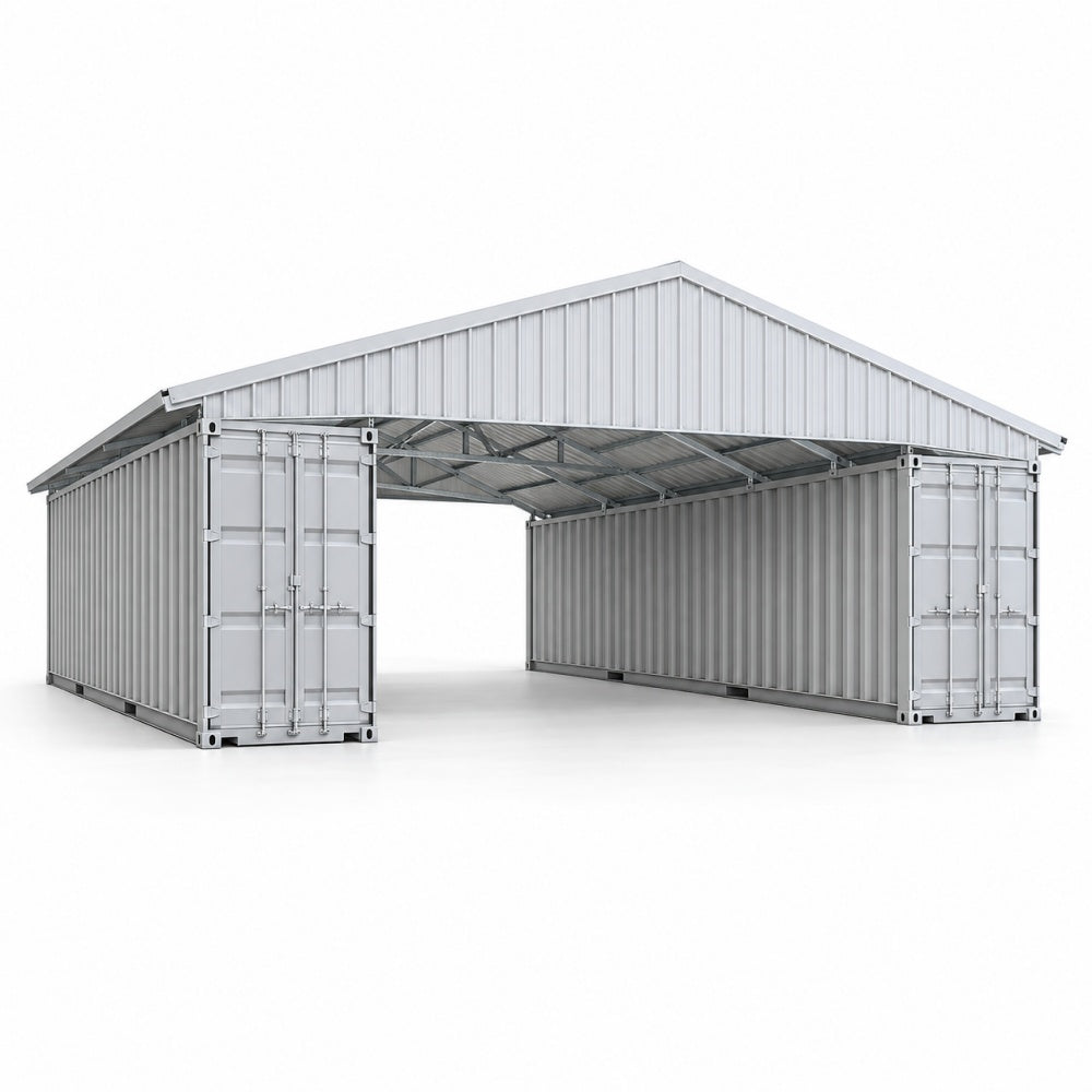 A large metal shipping container carport with a gable roof, shown on a clean white background