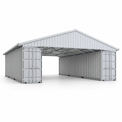 A large metal shipping container carport with a gable roof, shown on a clean white background