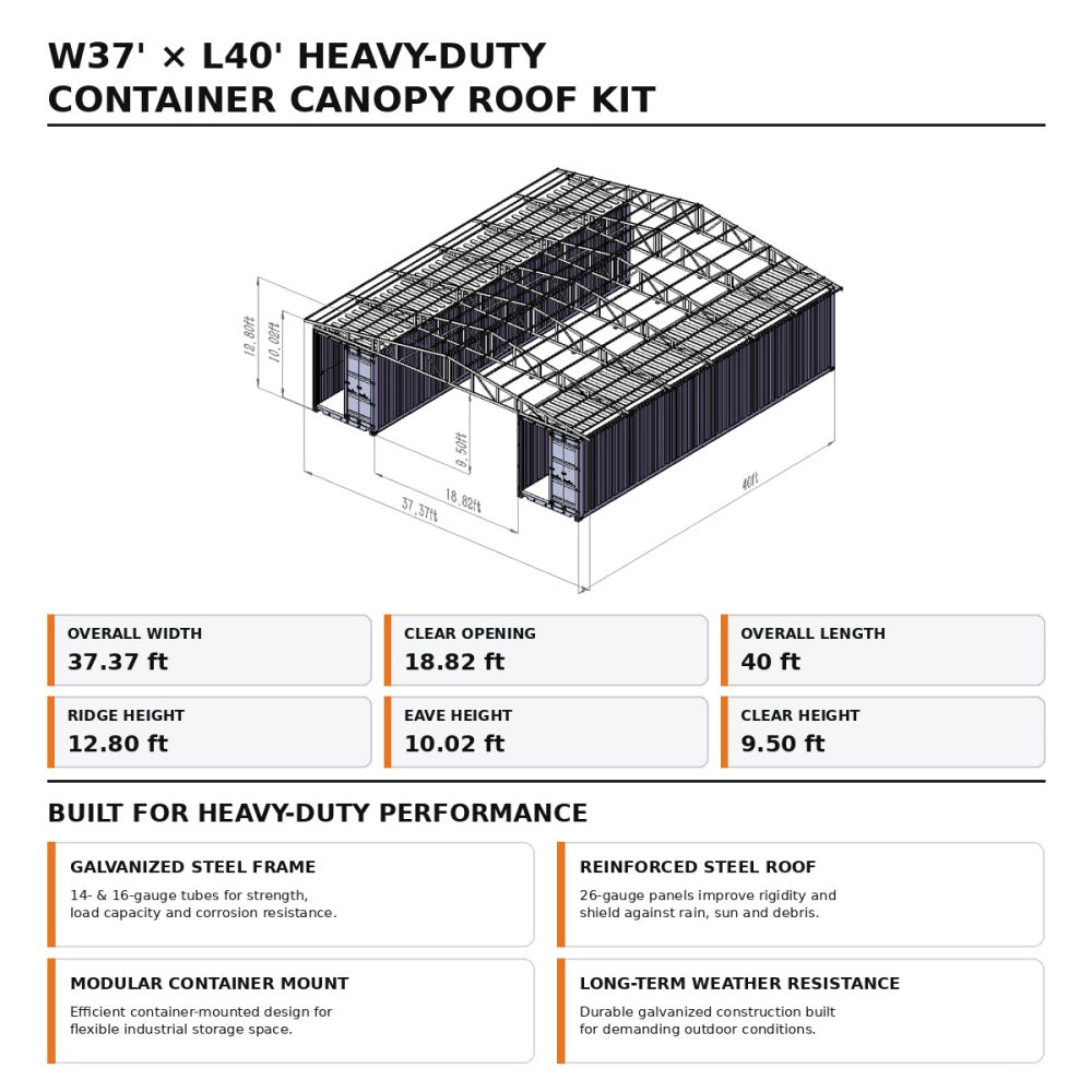 Technical specification sheet for a W37' x L40' heavy-duty container canopy roof kit