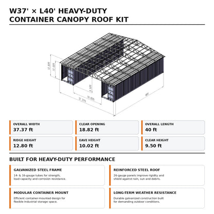 Technical specification sheet for a W37' x L40' heavy-duty container canopy roof kit