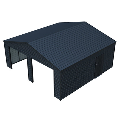 A metal garage shed with a gable roof