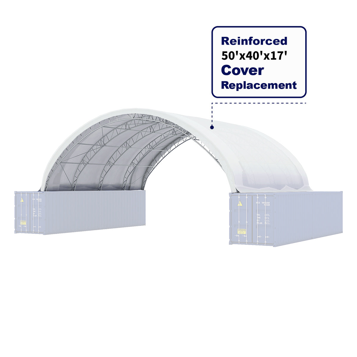 Reinforced cover replacement for a large structure with dimensions 50'x40'x17' on a white background.