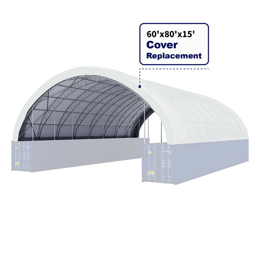 Large storage shed W60‘xL80'xH15' with a cover replacement label on a white background