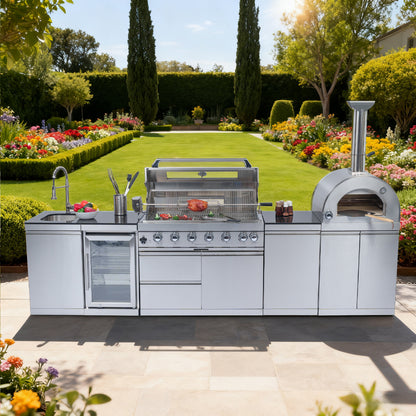 128" 120,000 BTU 6-Burner Outdoor Kitchen Island Grill with Pizza Oven