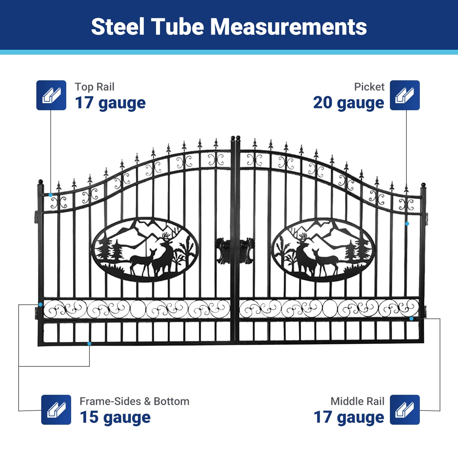 frame steel tube measurements for 14ft deer pattern driveway gate