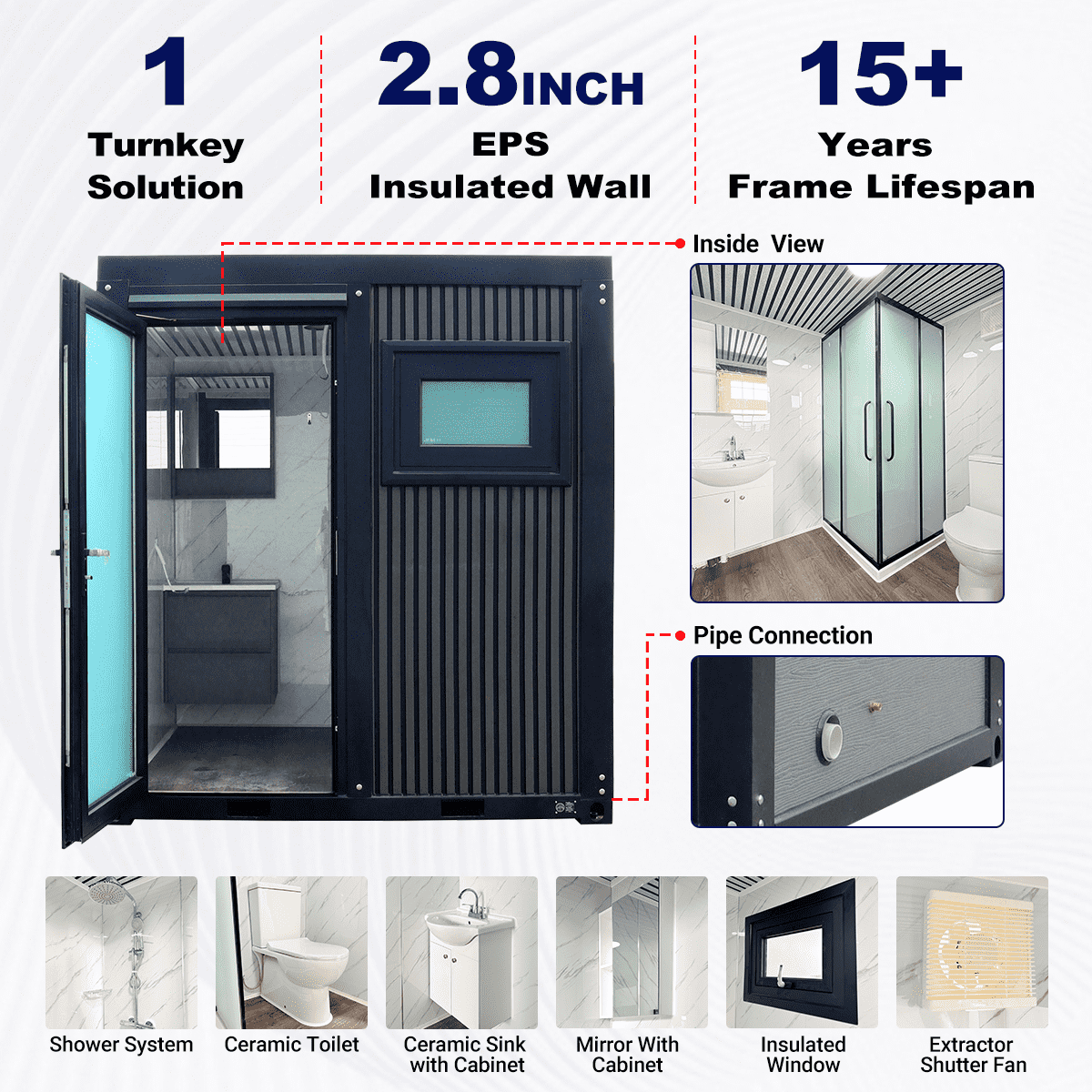 Deluxe Black Portable Toilet with Shower – Sliding Glass Door