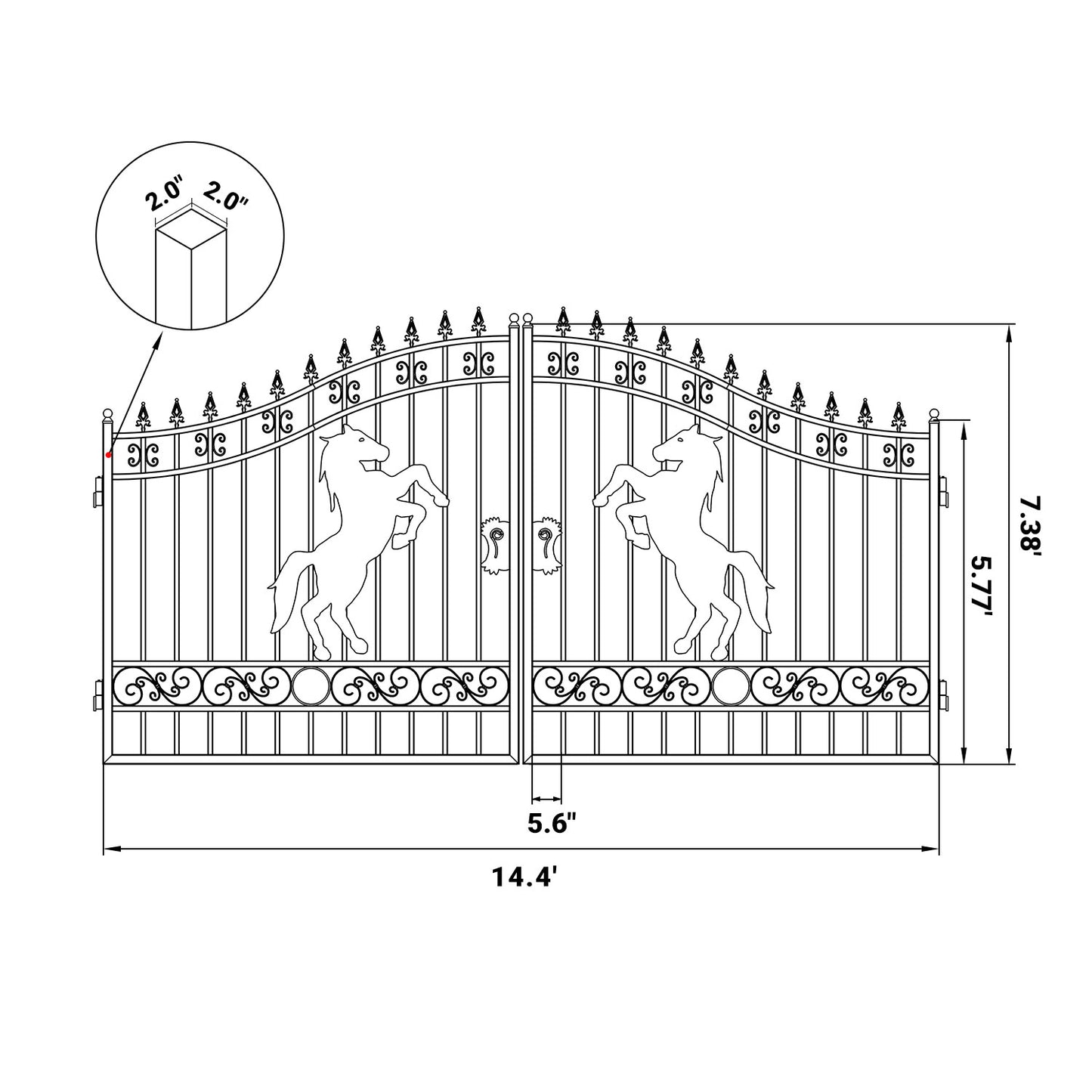 Dimension of 14 ft steel dual swing driveway gate with horse pattern